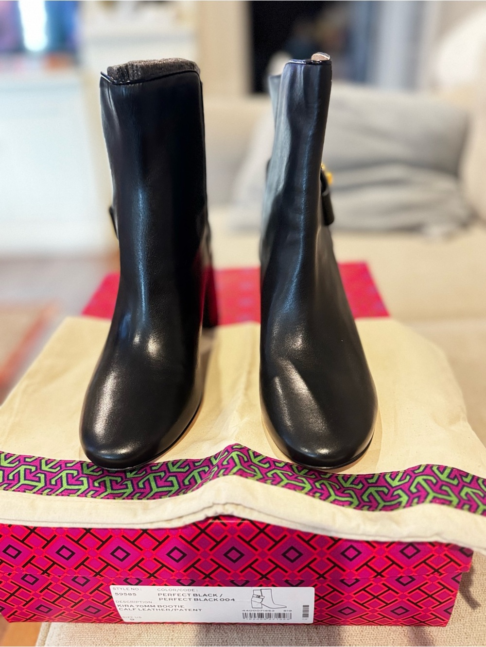 Tory Burch Black Leather Mid-Heel Ankle Boots with Gold Buckle